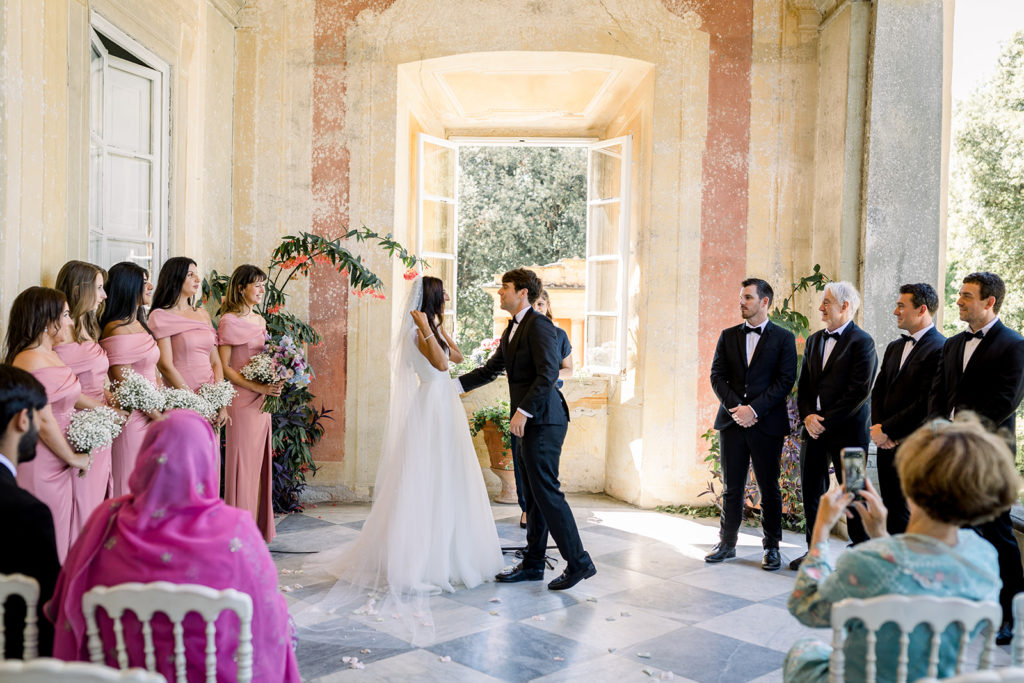 Bride and groom at their wedding in a Tuscany villa